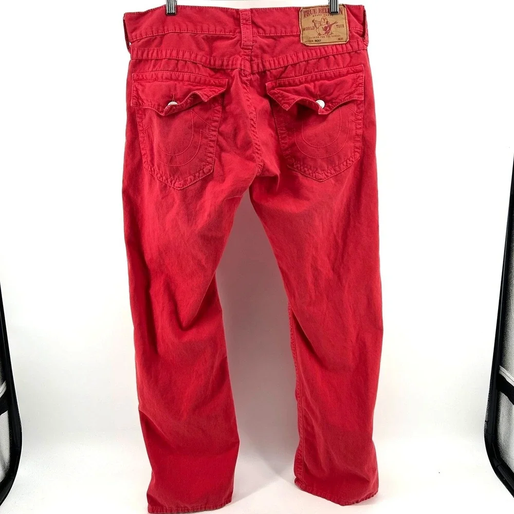 True Religion Ricky Big T Flap Straight Leg RARE Red Jeans Mens 36x34Tour Buddha
